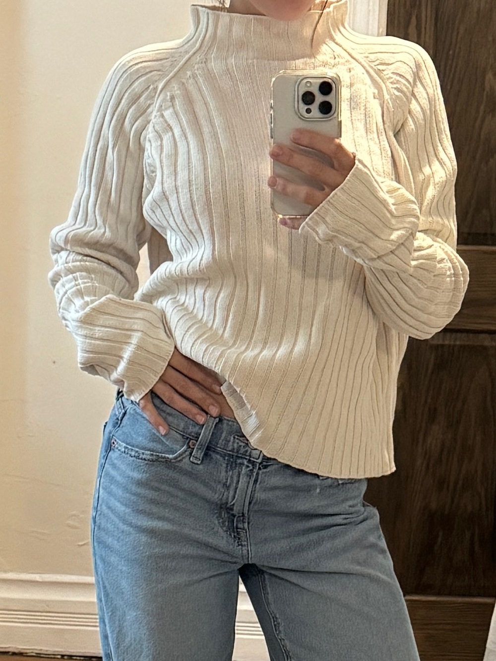 100% Cotton Cream Ribbed Mock-Neck Sweater Funnel Neck